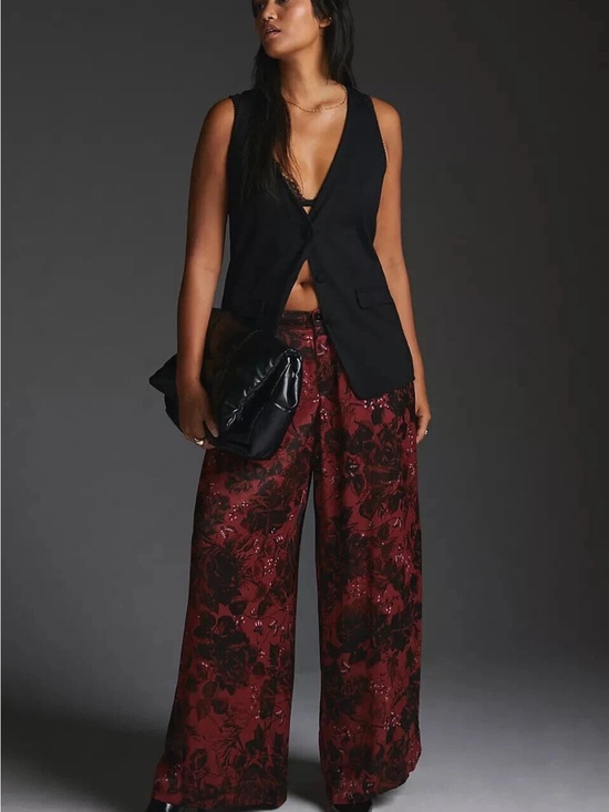 Anthropologie Pants - Anthropologie Printed Pleated Wide Leg Pants 12 Burgundy Black Floral